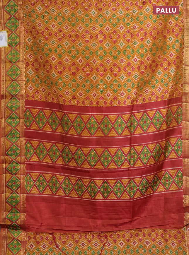 Semi tussar saree dark mustard with allover ikat prints and zari woven border