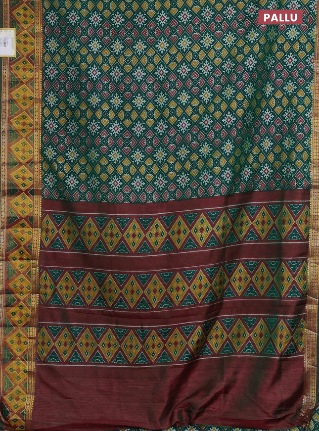 Semi tussar saree green with allover ikat prints and zari woven border