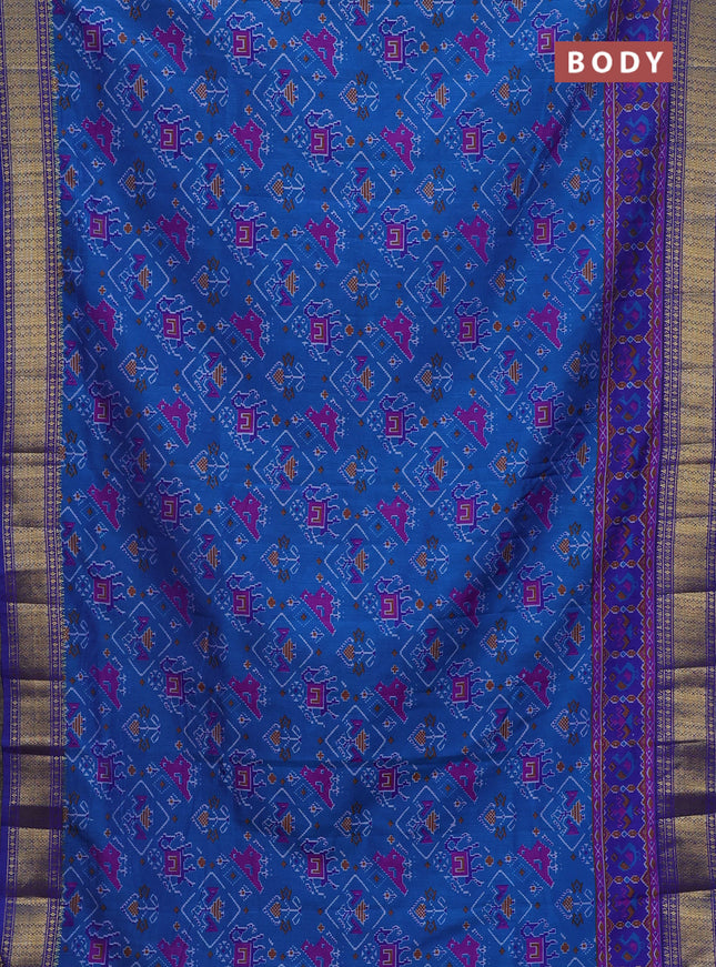 Semi tussar saree cs blue and blue with allover ikat prints and zari woven border