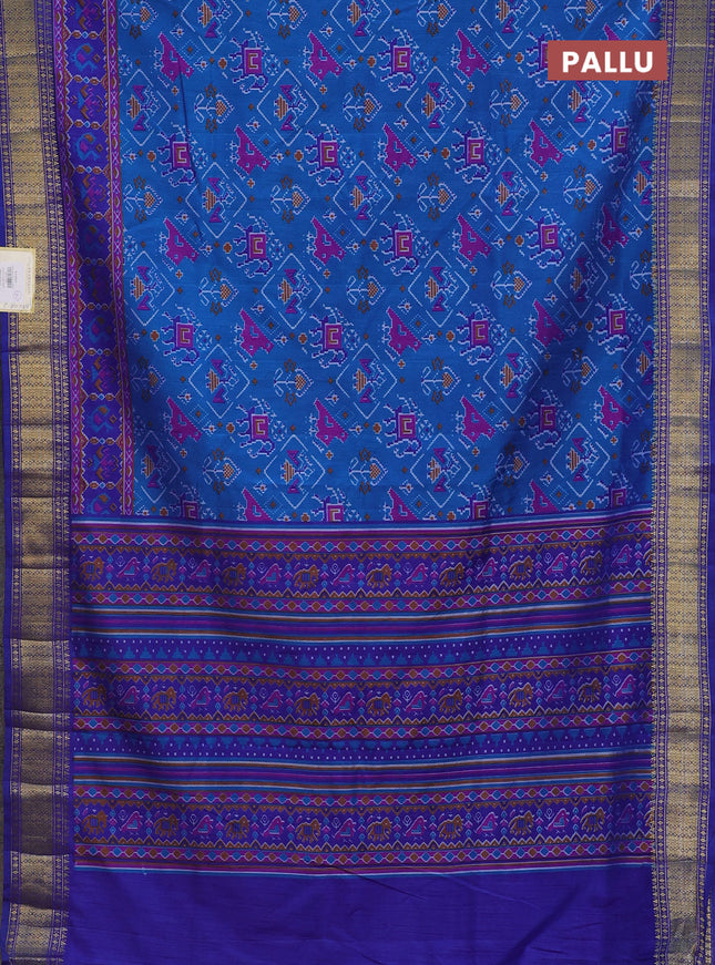 Semi tussar saree cs blue and blue with allover ikat prints and zari woven border