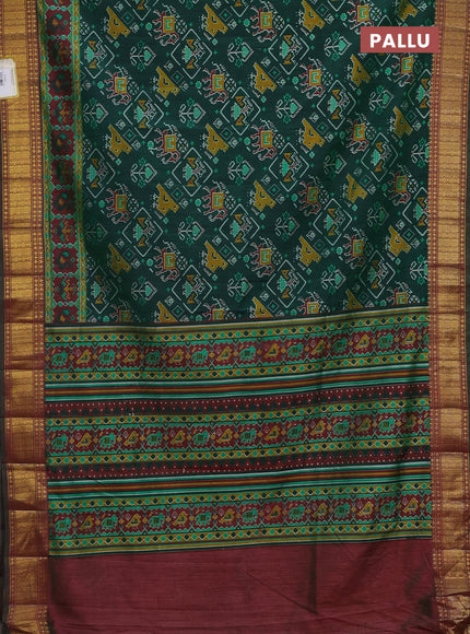 Semi tussar saree green and maroon with allover ikat prints and zari woven border