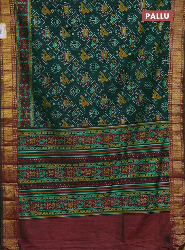 Semi tussar saree green and maroon with allover ikat prints and zari woven border
