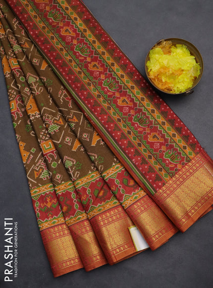 Semi tussar saree brown and rust shade with allover ikat prints and zari woven border