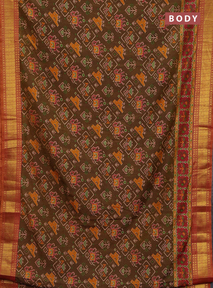Semi tussar saree brown and rust shade with allover ikat prints and zari woven border