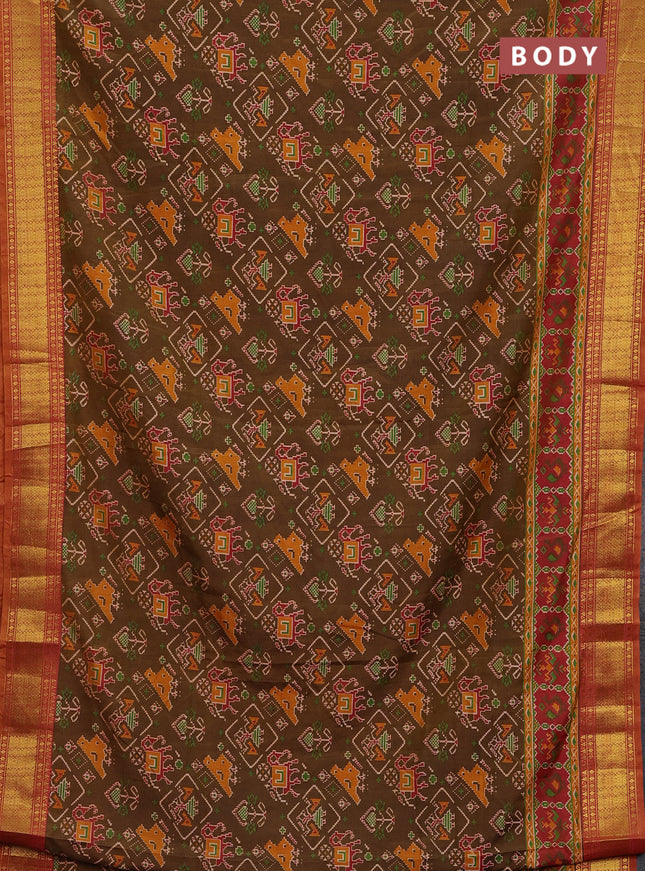 Semi tussar saree brown and rust shade with allover ikat prints and zari woven border