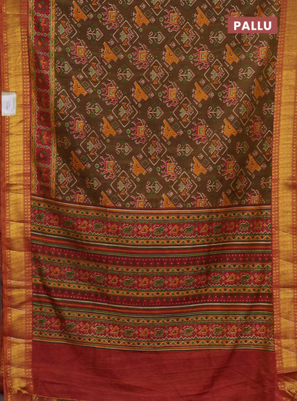 Semi tussar saree brown and rust shade with allover ikat prints and zari woven border