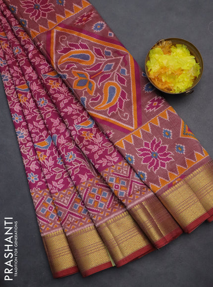 Semi tussar saree dark magenta pink and maroon with allover ikat prints and zari woven border
