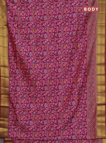 Semi tussar saree dark magenta pink and maroon with allover ikat prints and zari woven border