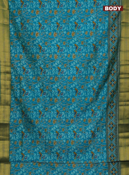 Semi tussar saree teal blue and green with allover ikat prints and zari woven border