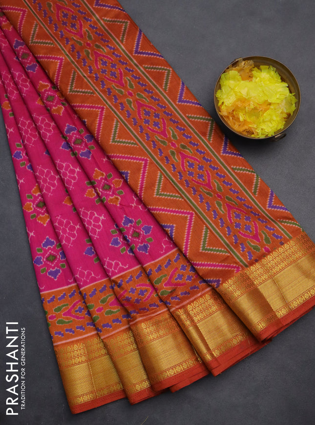 Semi tussar saree pink and rustic orange with allover ikat prints and zari woven border