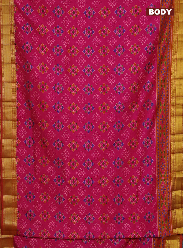 Semi tussar saree pink and rustic orange with allover ikat prints and zari woven border