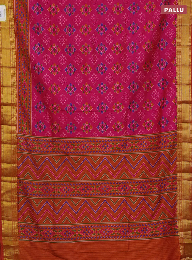 Semi tussar saree pink and rustic orange with allover ikat prints and zari woven border