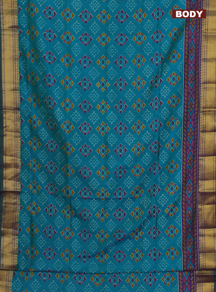 Semi tussar saree teal blue and purple with allover ikat prints and zari woven border