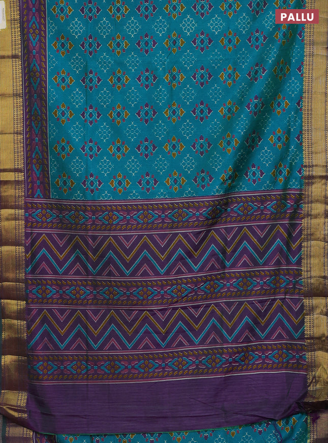Semi tussar saree teal blue and purple with allover ikat prints and zari woven border