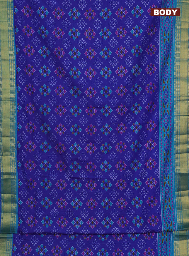 Semi tussar saree blue shade and teal blue with allover ikat prints and zari woven border