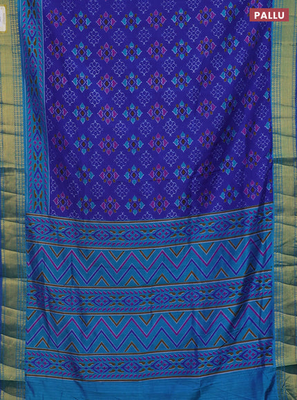 Semi tussar saree blue shade and teal blue with allover ikat prints and zari woven border