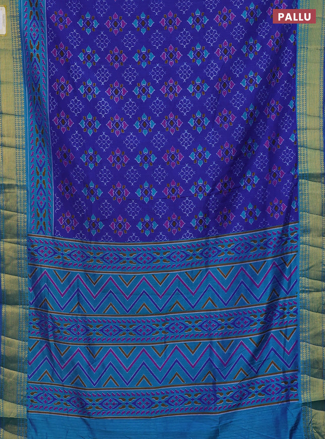 Semi tussar saree blue shade and teal blue with allover ikat prints and zari woven border