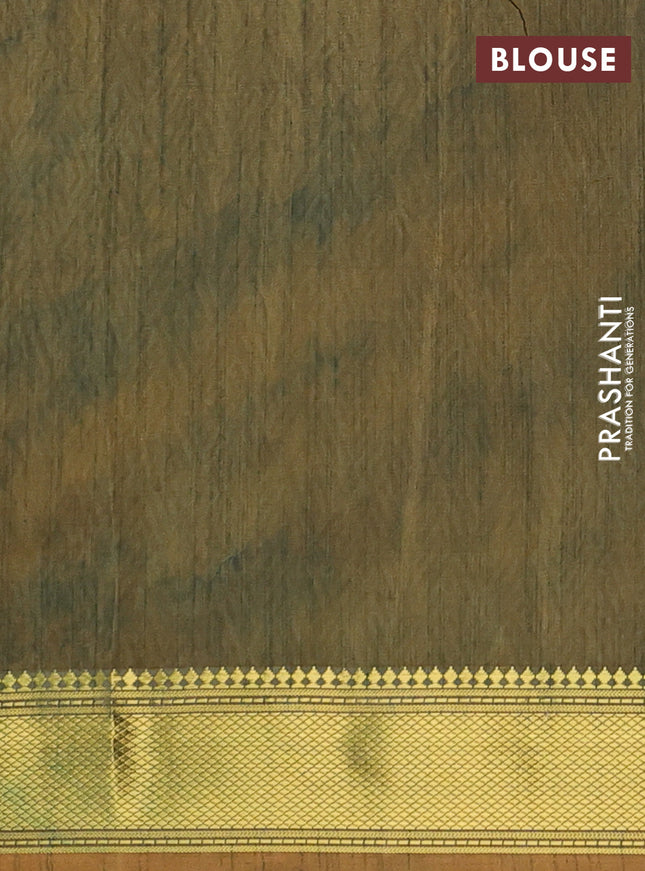 Semi tussar saree green shade with allover ikat prints and zari woven border