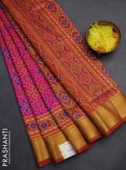 Semi tussar saree pink and dark mustard with allover ikat prints and zari woven border