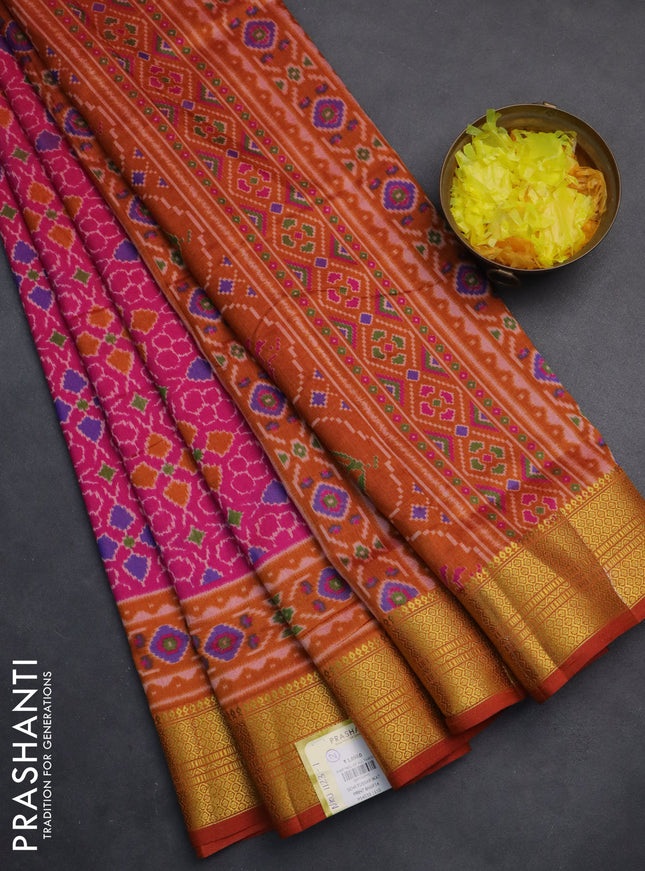 Semi tussar saree pink and dark mustard with allover ikat prints and zari woven border