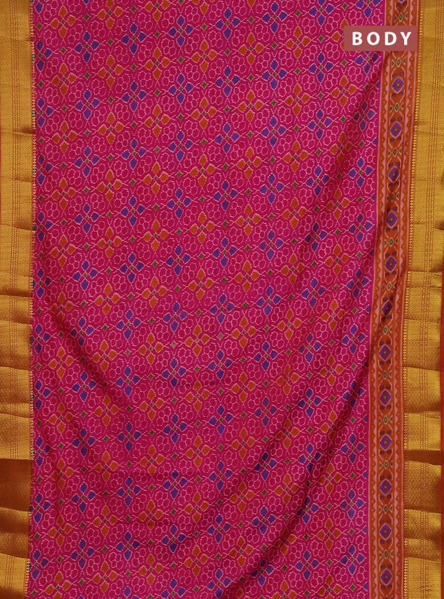 Semi tussar saree pink and dark mustard with allover ikat prints and zari woven border