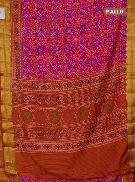 Semi tussar saree pink and dark mustard with allover ikat prints and zari woven border