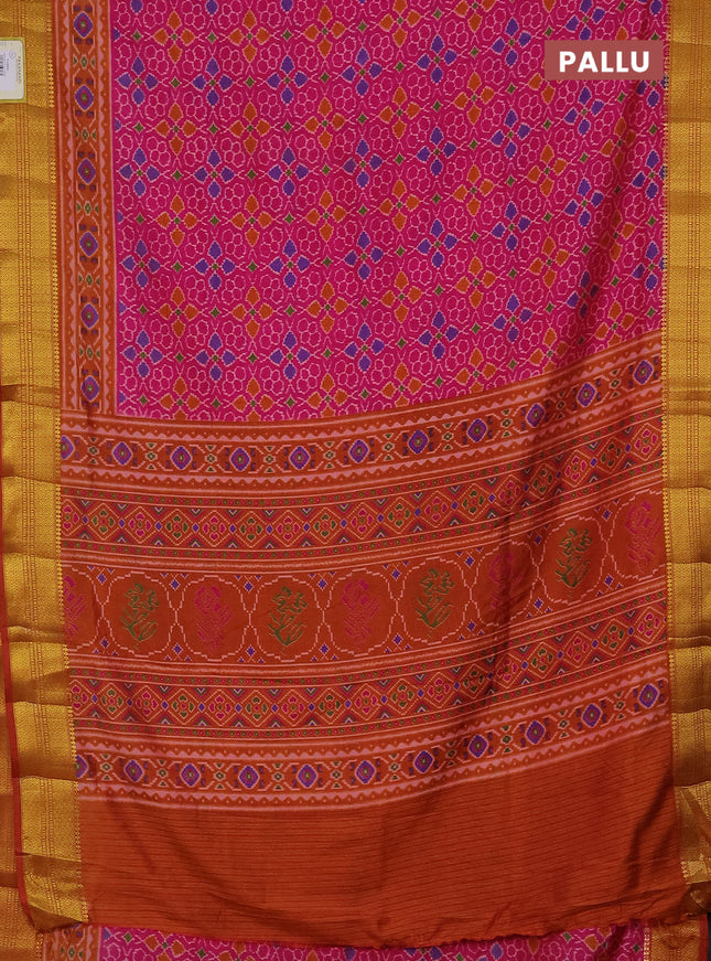 Semi tussar saree pink and dark mustard with allover ikat prints and zari woven border