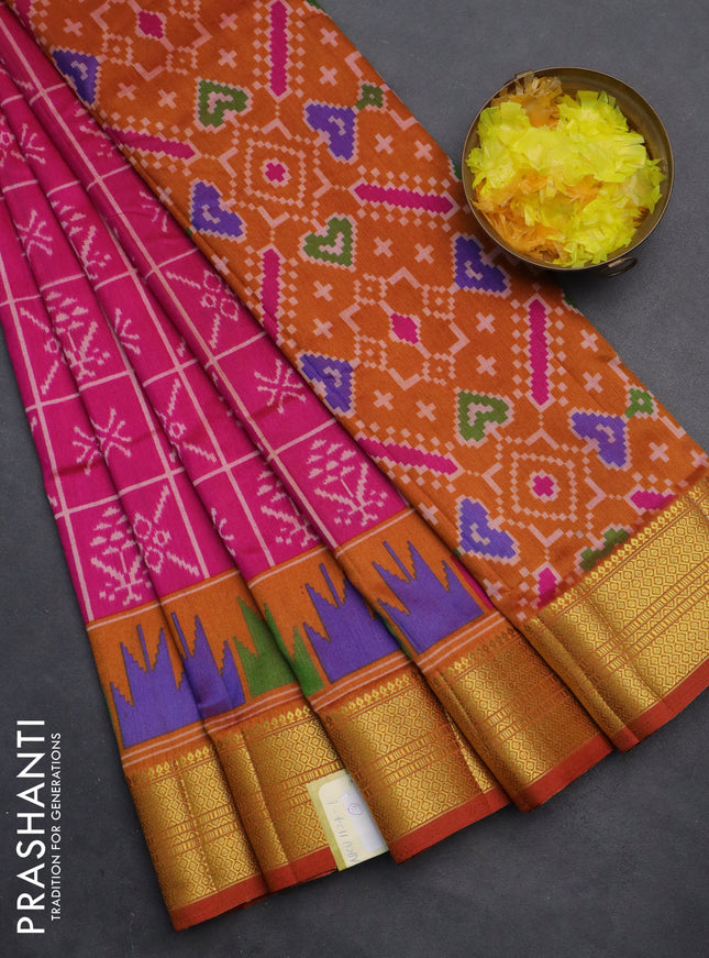Semi tussar saree pink and red shade with allover ikat prints and zari woven border