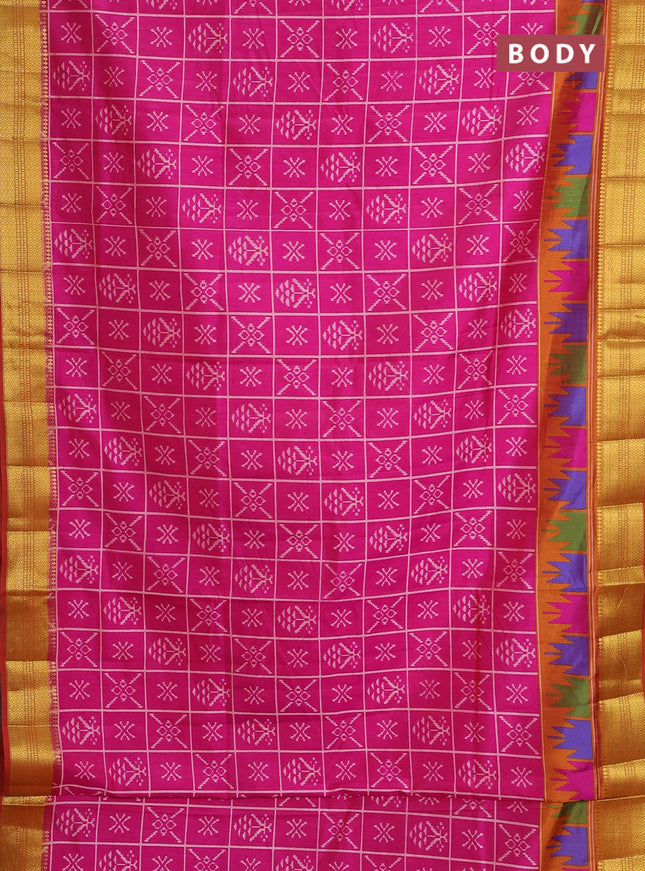 Semi tussar saree pink and red shade with allover ikat prints and zari woven border