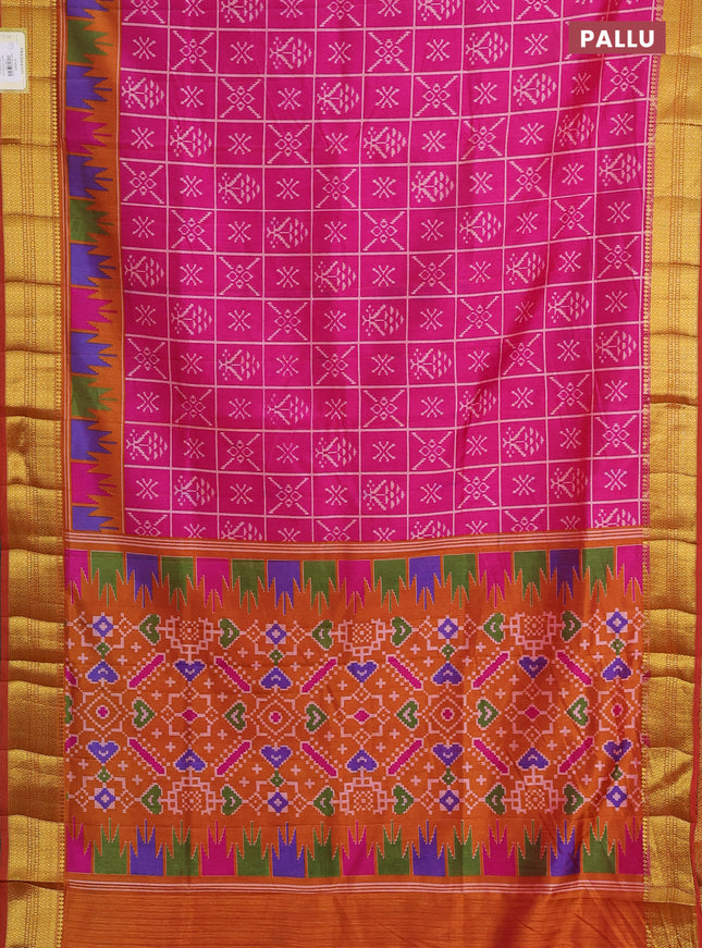 Semi tussar saree pink and red shade with allover ikat prints and zari woven border