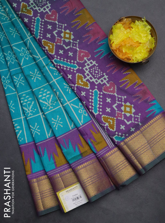 Semi tussar saree teal blue and purple with allover ikat prints and zari woven border