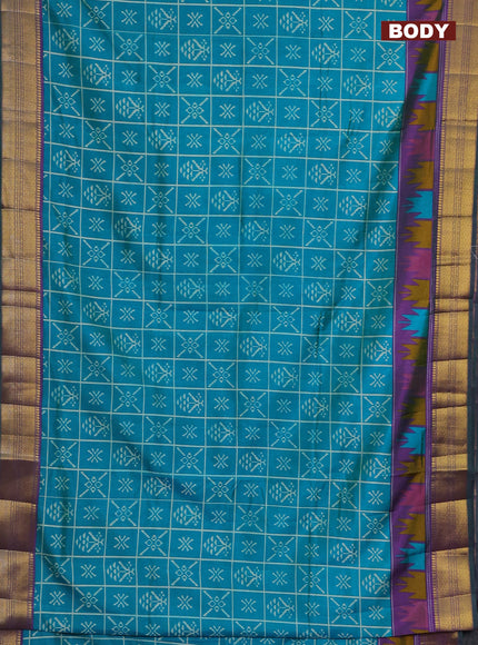 Semi tussar saree teal blue and purple with allover ikat prints and zari woven border