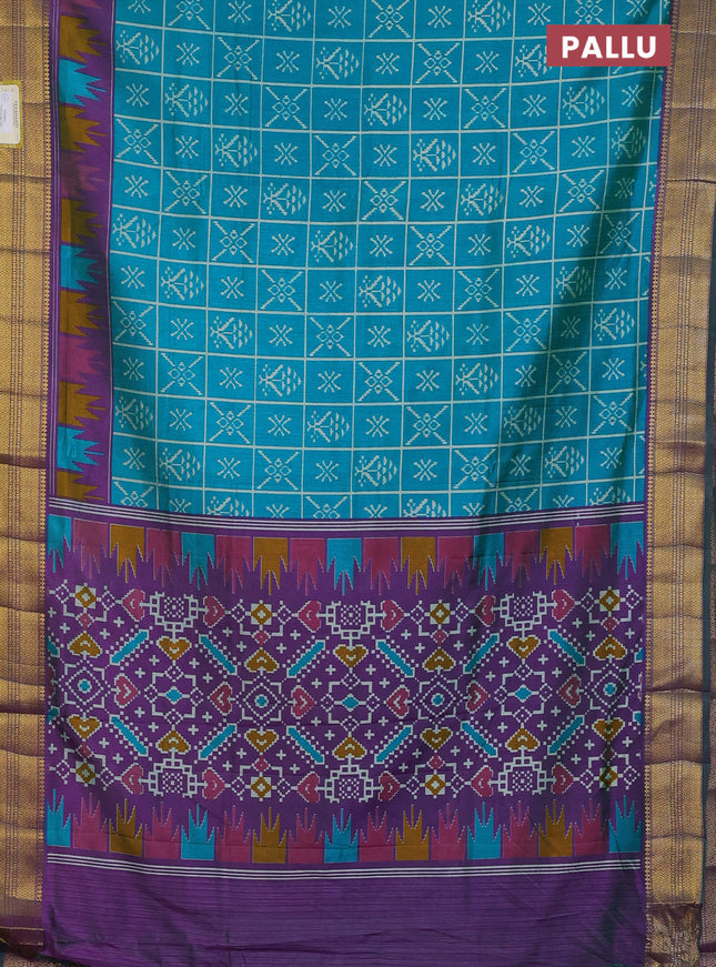 Semi tussar saree teal blue and purple with allover ikat prints and zari woven border