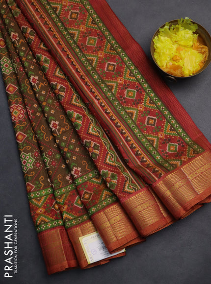 Semi tussar saree brown and rust with allover ikat prints and zari woven border