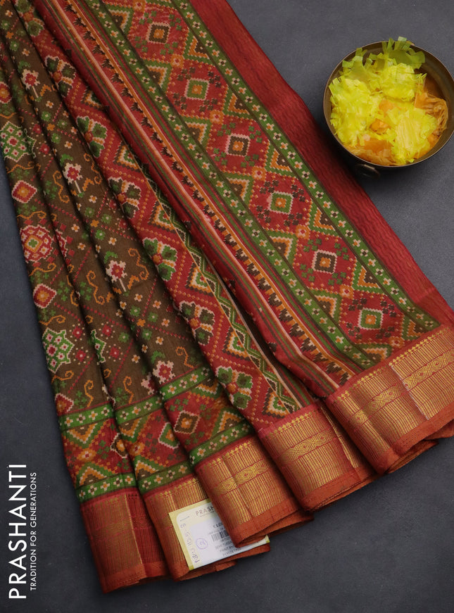 Semi tussar saree brown and rust with allover ikat prints and zari woven border