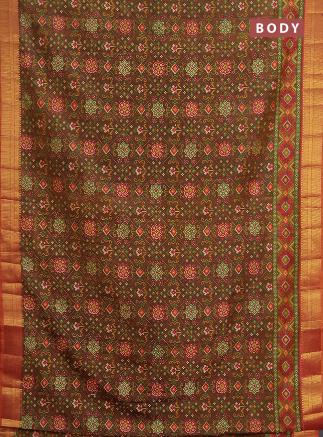 Semi tussar saree brown and rust with allover ikat prints and zari woven border