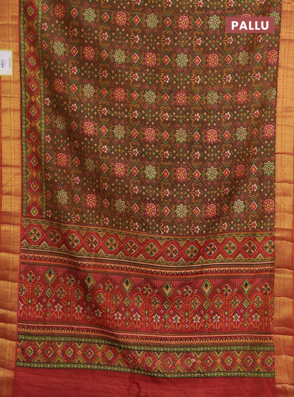 Semi tussar saree brown and rust with allover ikat prints and zari woven border