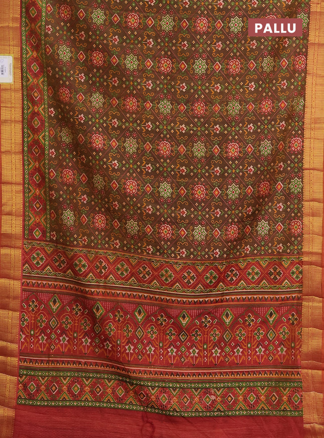 Semi tussar saree brown and rust with allover ikat prints and zari woven border
