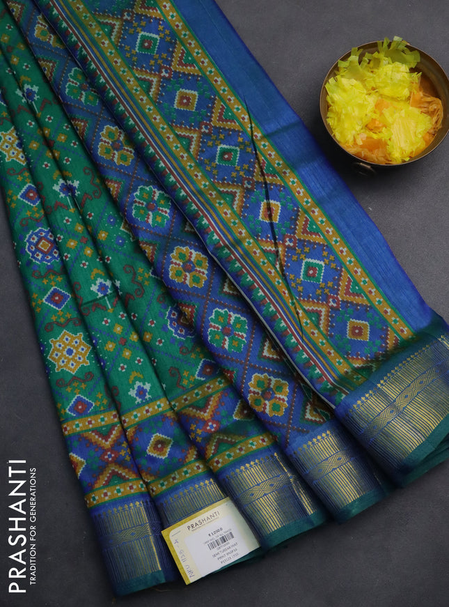Semi tussar saree green with allover ikat prints and zari woven border