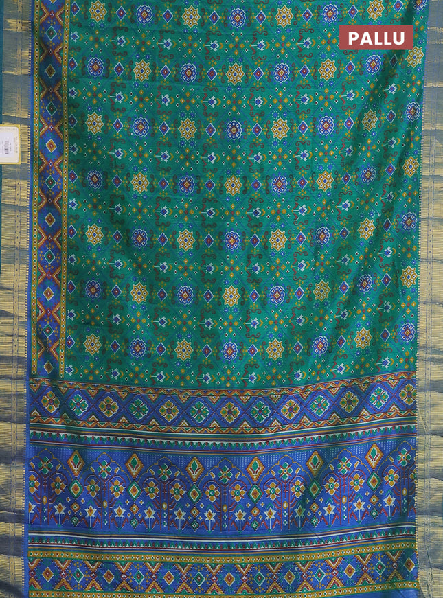Semi tussar saree green with allover ikat prints and zari woven border