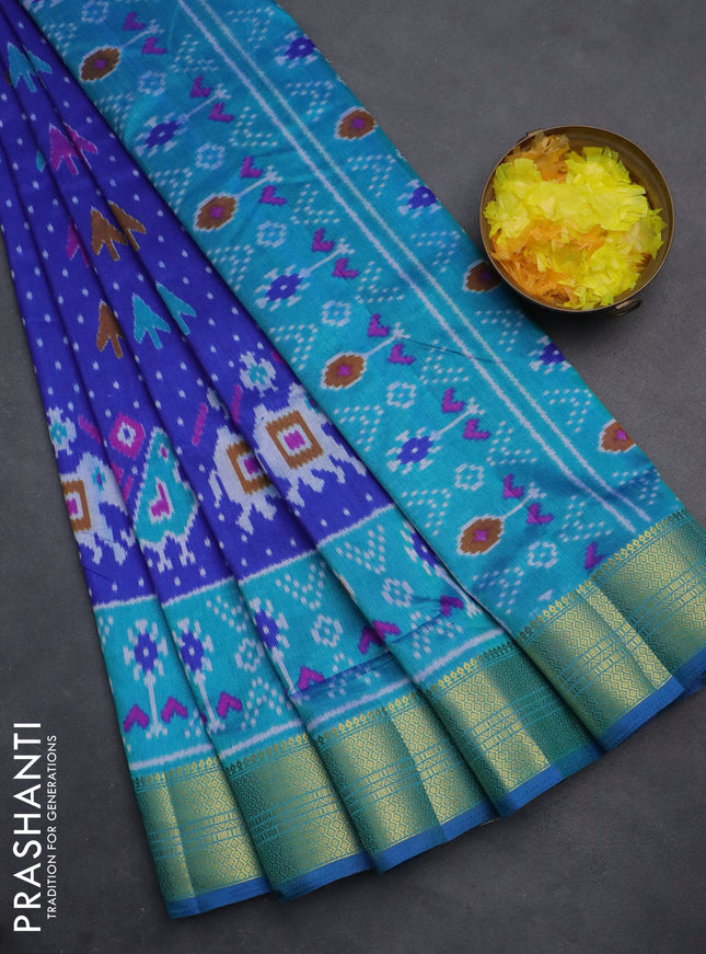 Semi tussar saree blue and teal blue with allover ikat prints and zari woven border