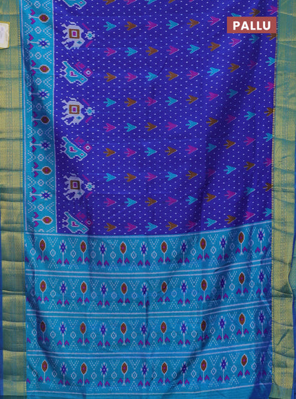Semi tussar saree blue and teal blue with allover ikat prints and zari woven border