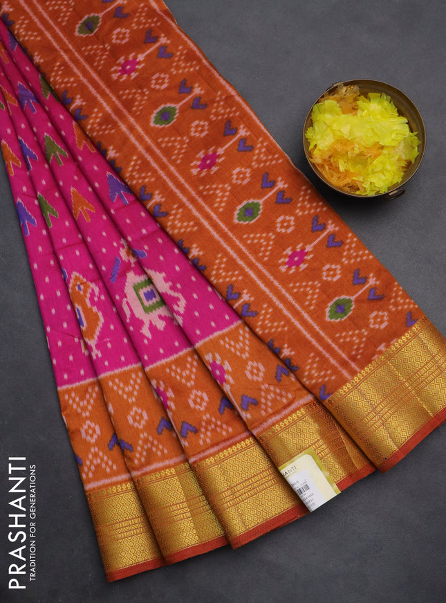 Semi tussar saree pink and dark mustard with allover ikat prints and zari woven border
