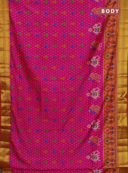 Semi tussar saree pink and dark mustard with allover ikat prints and zari woven border