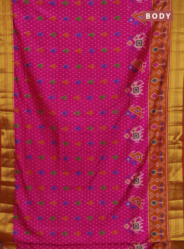 Semi tussar saree pink and dark mustard with allover ikat prints and zari woven border