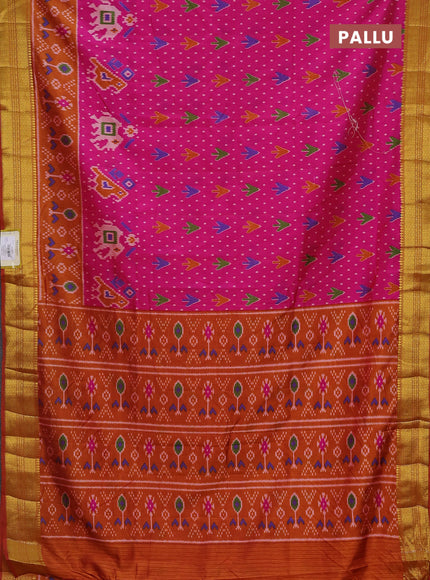 Semi tussar saree pink and dark mustard with allover ikat prints and zari woven border