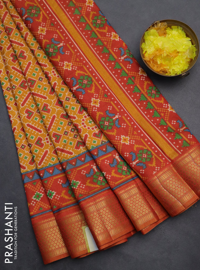 Semi tussar saree mustard yellow and red shade with allover ikat prints and zari woven border