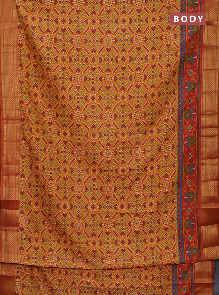 Semi tussar saree mustard yellow and red shade with allover ikat prints and zari woven border