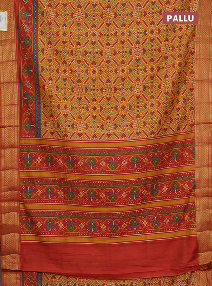 Semi tussar saree mustard yellow and red shade with allover ikat prints and zari woven border