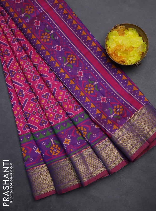 Semi tussar saree pink and violet with allover ikat prints and zari woven border